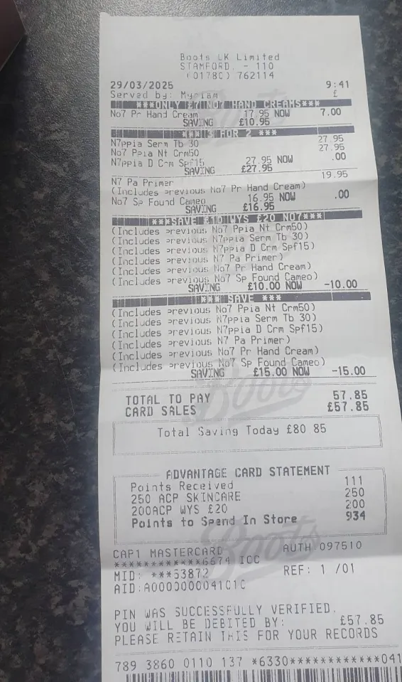 Boots Saving Receipt